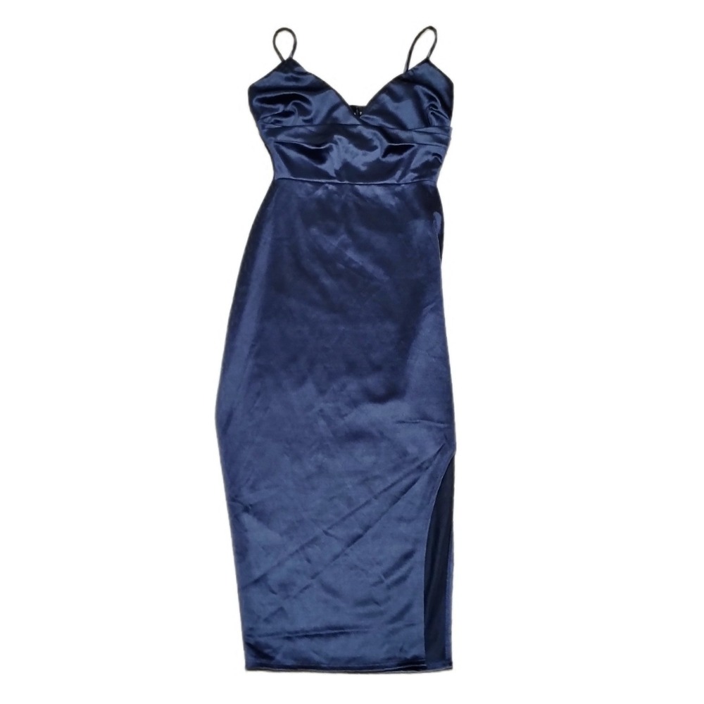 Windsor Samantha Sweetheart Navy Satin Midi‎ Dress S Side Slit Corset Formal